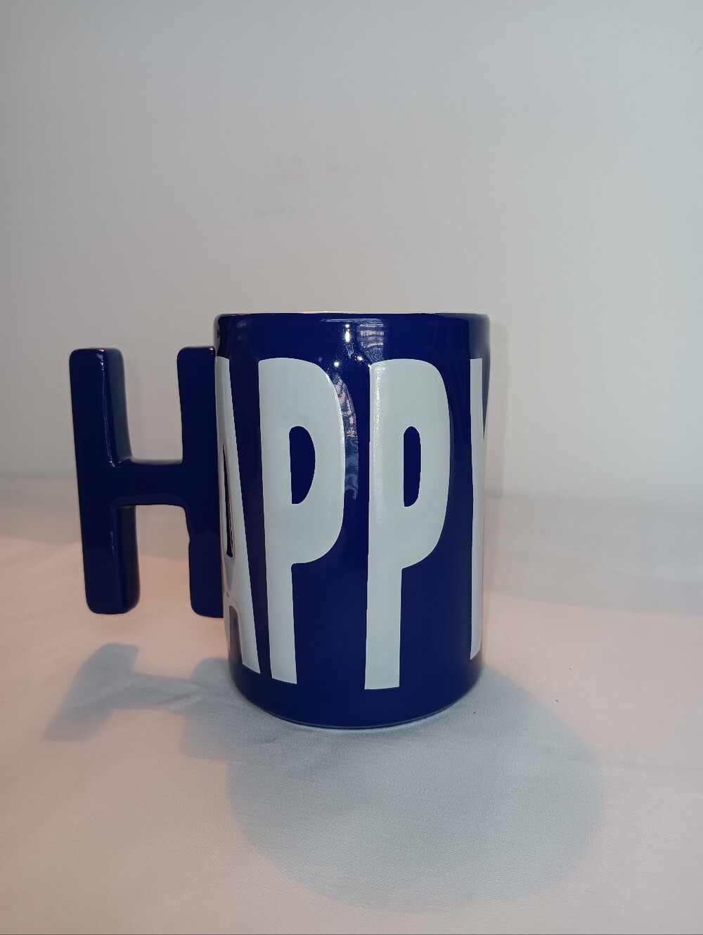 Whimsical Lg. HAPPY Mug/Planter. Dk. Blue & White 5" Ceramic